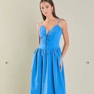 NWT Endless Rose Cornflower Blue Taffeta Tie-Front, Sleeveless Midi Dress